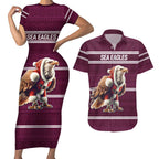 NRL Manly Warringah Christmas Personalised Couples Matching Short Sleeve Bodycon Dress and Hawaiian Shirt with Sea Eagles Mascot