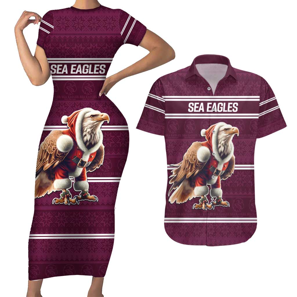 NRL Manly Warringah Christmas Personalised Couples Matching Short Sleeve Bodycon Dress and Hawaiian Shirt with Sea Eagles Mascot