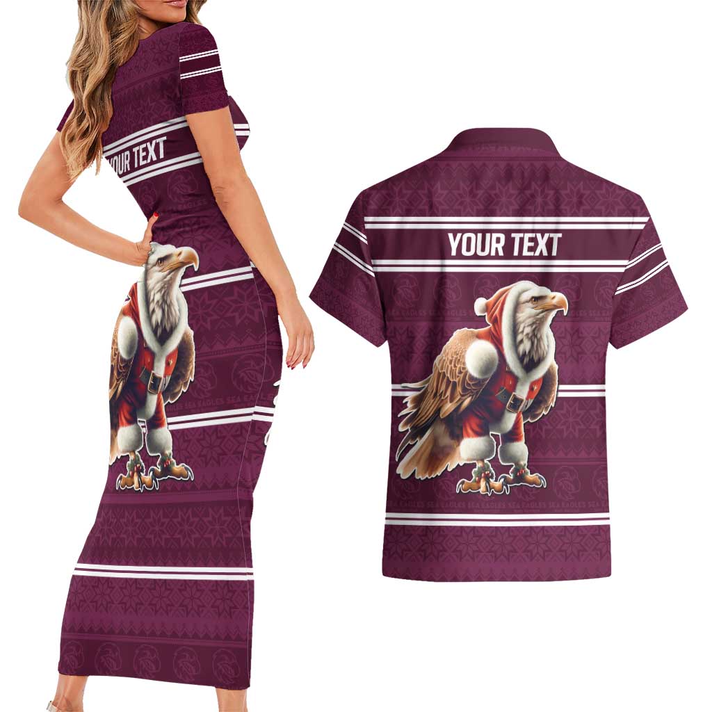 NRL Manly Warringah Christmas Personalised Couples Matching Short Sleeve Bodycon Dress and Hawaiian Shirt with Sea Eagles Mascot