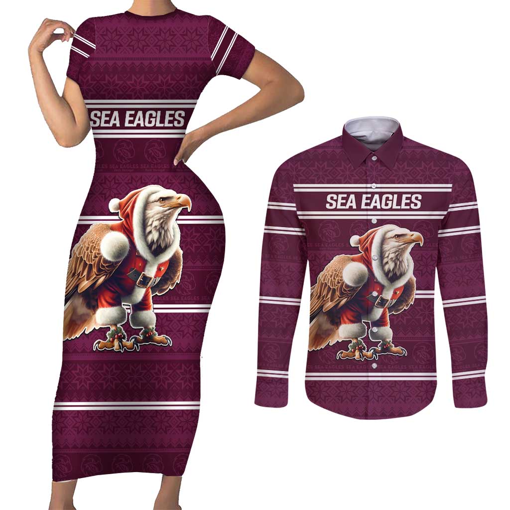 NRL Manly Warringah Christmas Personalised Couples Matching Short Sleeve Bodycon Dress and Long Sleeve Button Shirt with Sea Eagles Mascot