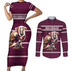 NRL Manly Warringah Christmas Personalised Couples Matching Short Sleeve Bodycon Dress and Long Sleeve Button Shirt with Sea Eagles Mascot