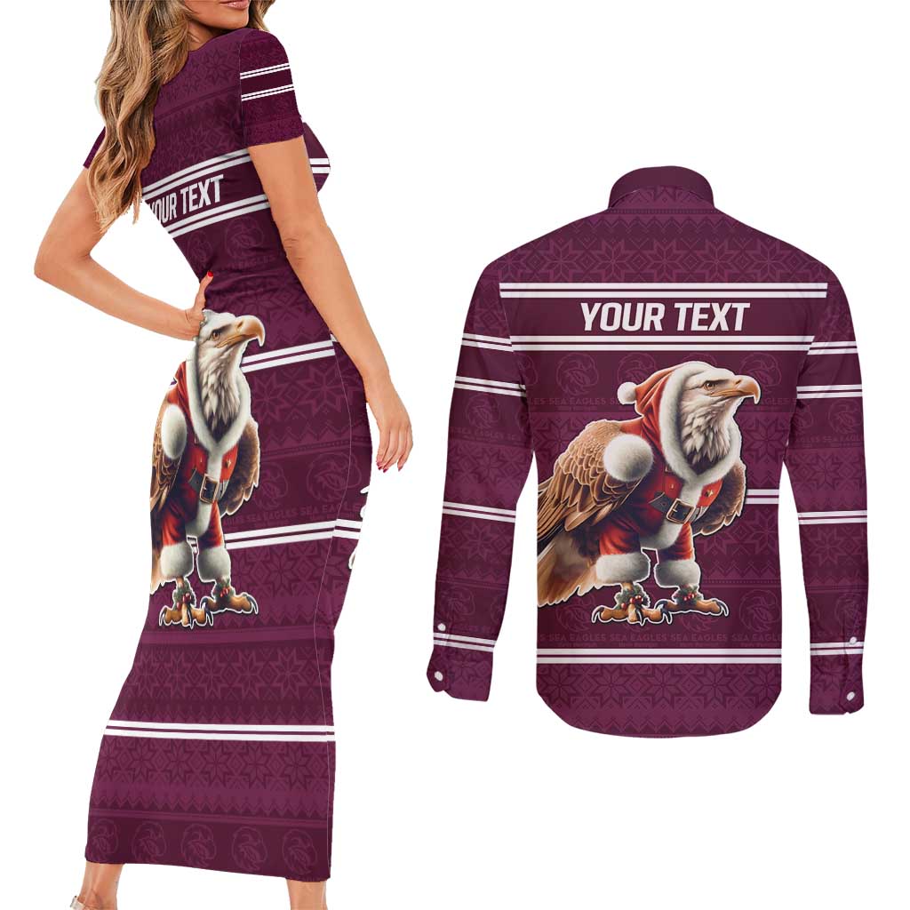 NRL Manly Warringah Christmas Personalised Couples Matching Short Sleeve Bodycon Dress and Long Sleeve Button Shirt with Sea Eagles Mascot