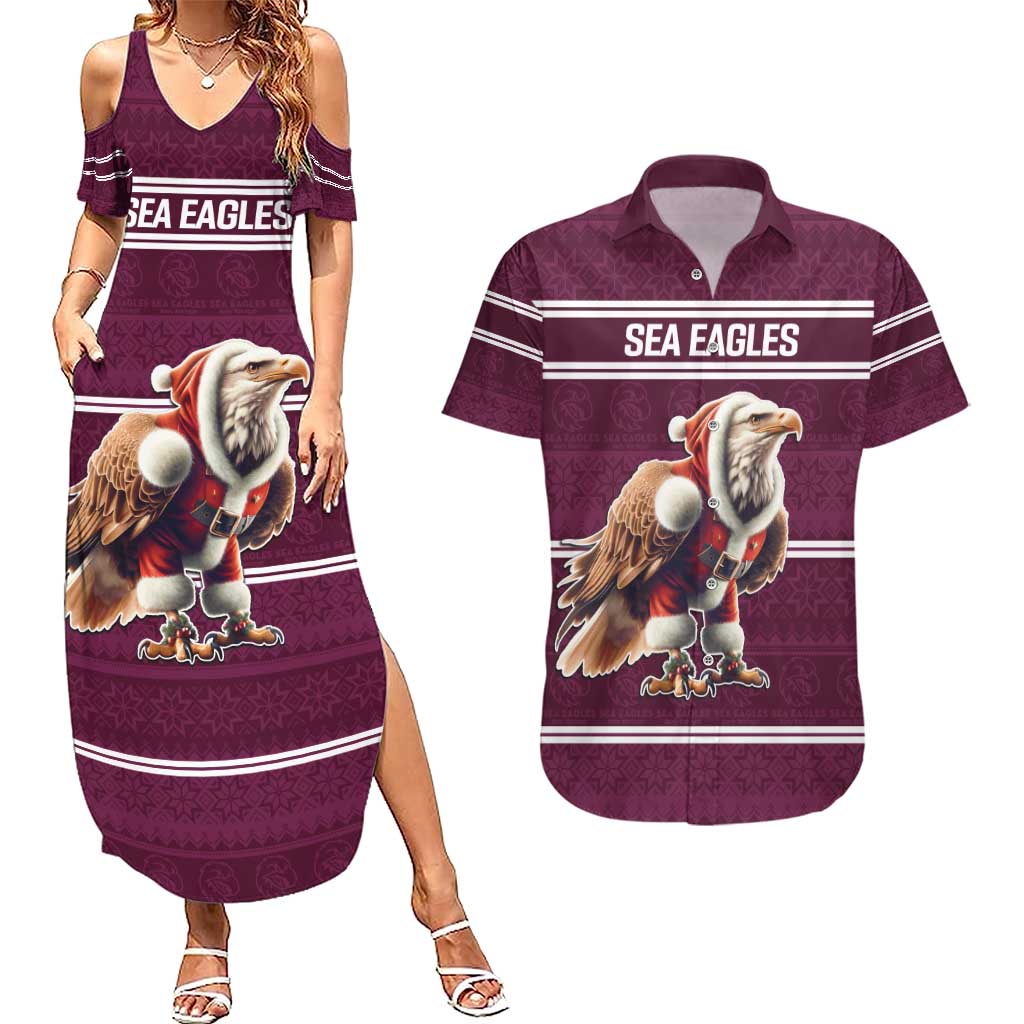 NRL Manly Warringah Christmas Personalised Couples Matching Summer Maxi Dress and Hawaiian Shirt with Sea Eagles Mascot
