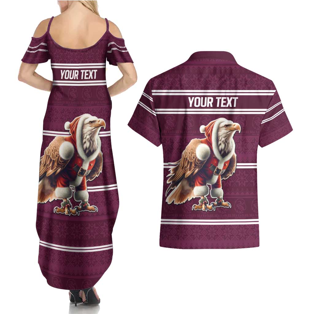 NRL Manly Warringah Christmas Personalised Couples Matching Summer Maxi Dress and Hawaiian Shirt with Sea Eagles Mascot