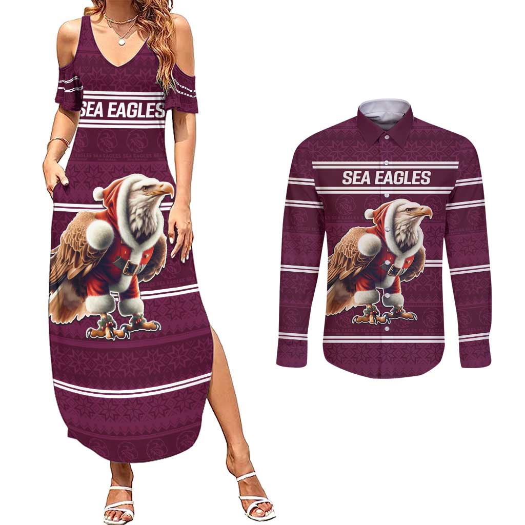 NRL Manly Warringah Christmas Personalised Couples Matching Summer Maxi Dress and Long Sleeve Button Shirt with Sea Eagles Mascot
