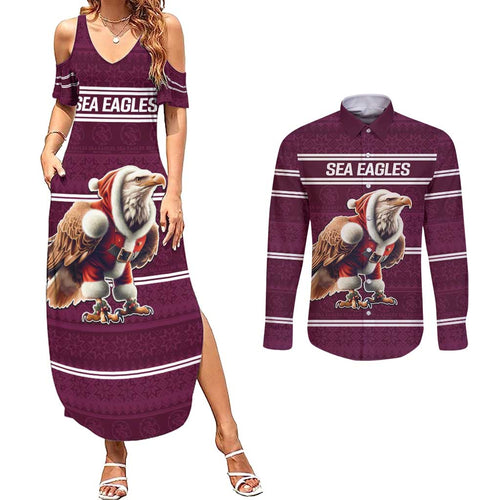 NRL Manly Warringah Christmas Personalised Couples Matching Summer Maxi Dress and Long Sleeve Button Shirt with Sea Eagles Mascot