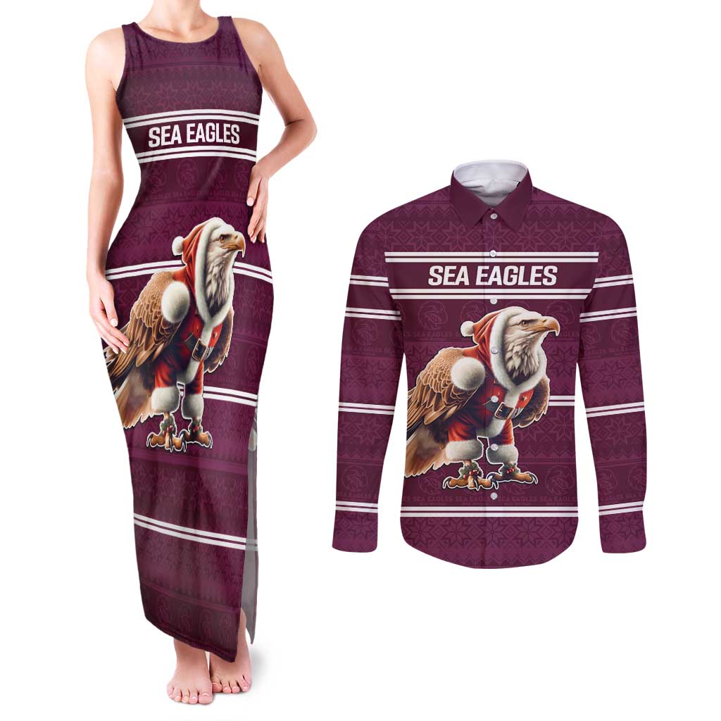 NRL Manly Warringah Christmas Personalised Couples Matching Tank Maxi Dress and Long Sleeve Button Shirt with Sea Eagles Mascot