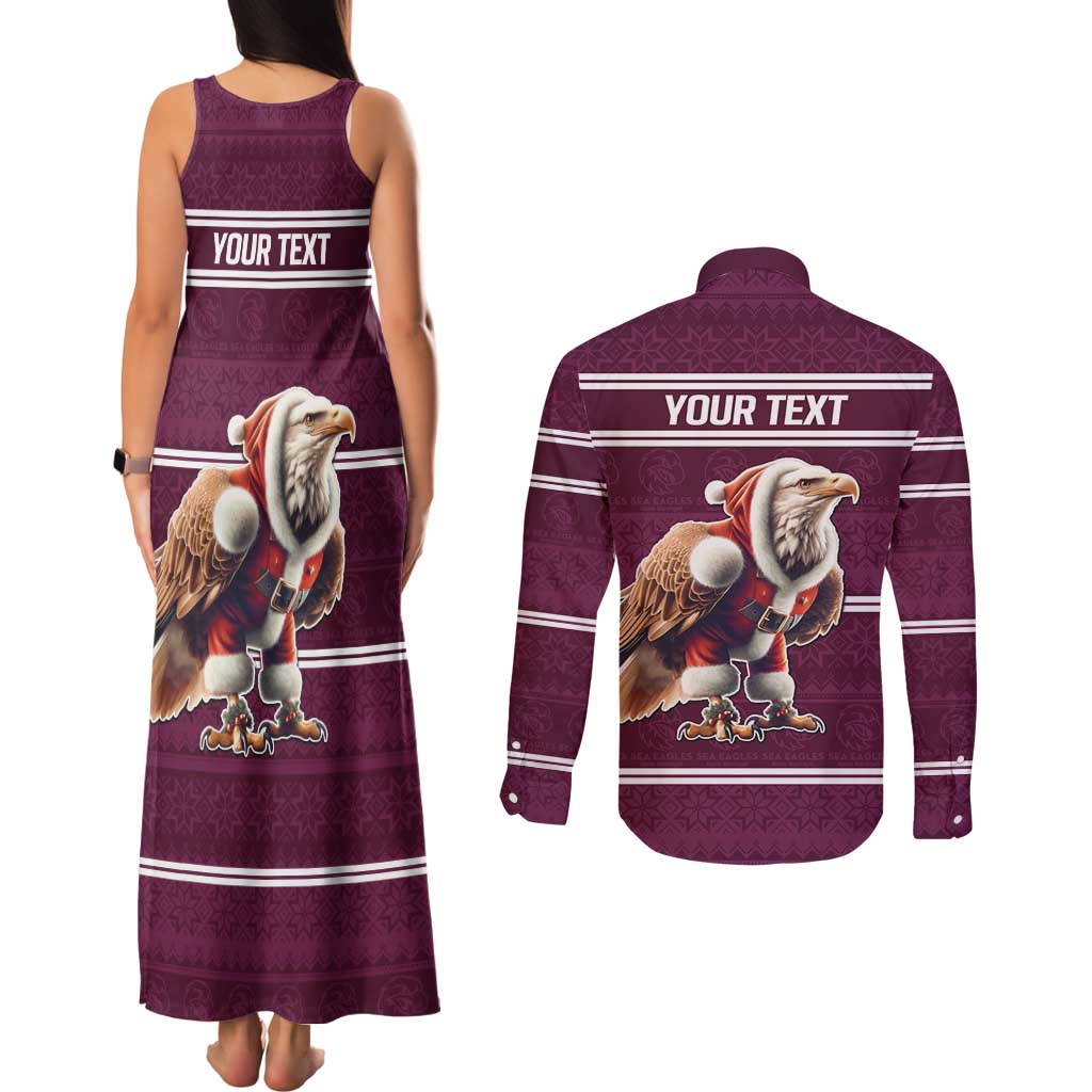 NRL Manly Warringah Christmas Personalised Couples Matching Tank Maxi Dress and Long Sleeve Button Shirt with Sea Eagles Mascot