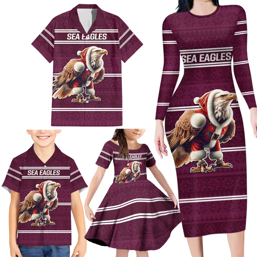 NRL Manly Warringah Christmas Personalised Family Matching Long Sleeve Bodycon Dress and Hawaiian Shirt with Sea Eagles Mascot