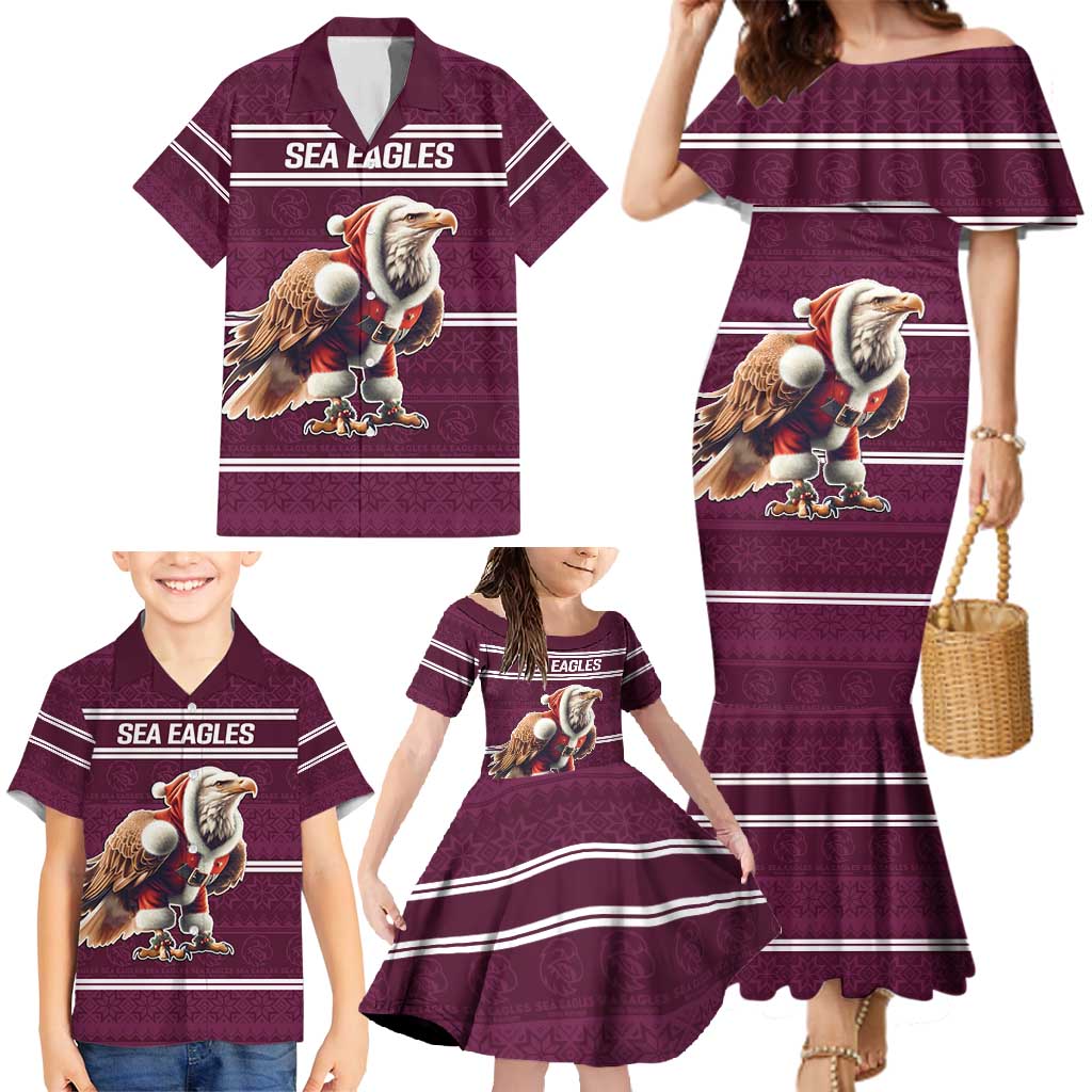 NRL Manly Warringah Christmas Personalised Family Matching Mermaid Dress and Hawaiian Shirt with Sea Eagles Mascot