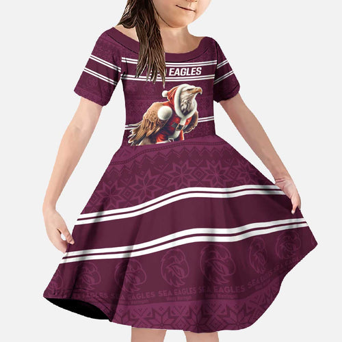 NRL Manly Warringah Christmas Personalised Family Matching Off The Shoulder Long Sleeve Dress and Hawaiian Shirt with Sea Eagles Mascot