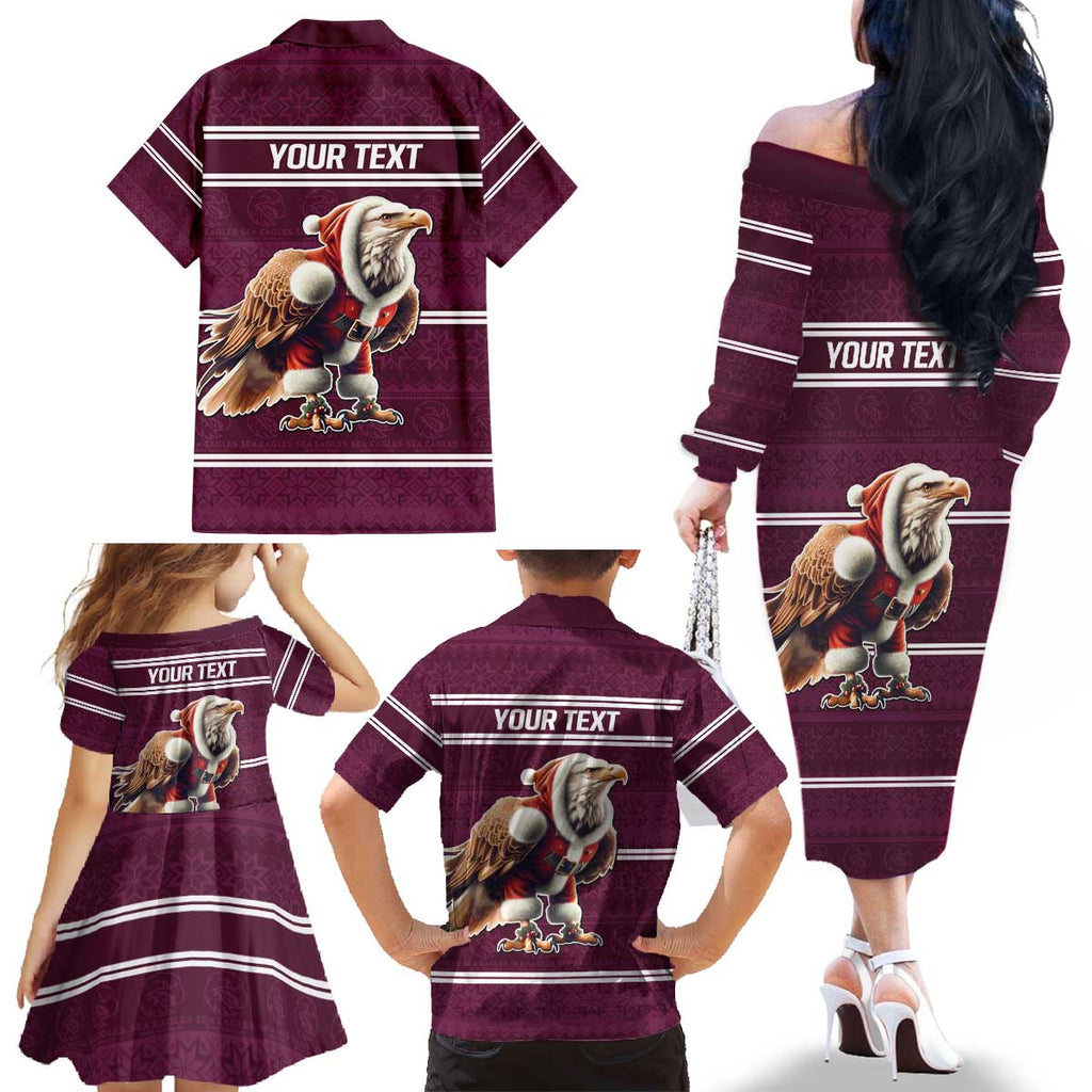 NRL Manly Warringah Christmas Personalised Family Matching Off The Shoulder Long Sleeve Dress and Hawaiian Shirt with Sea Eagles Mascot