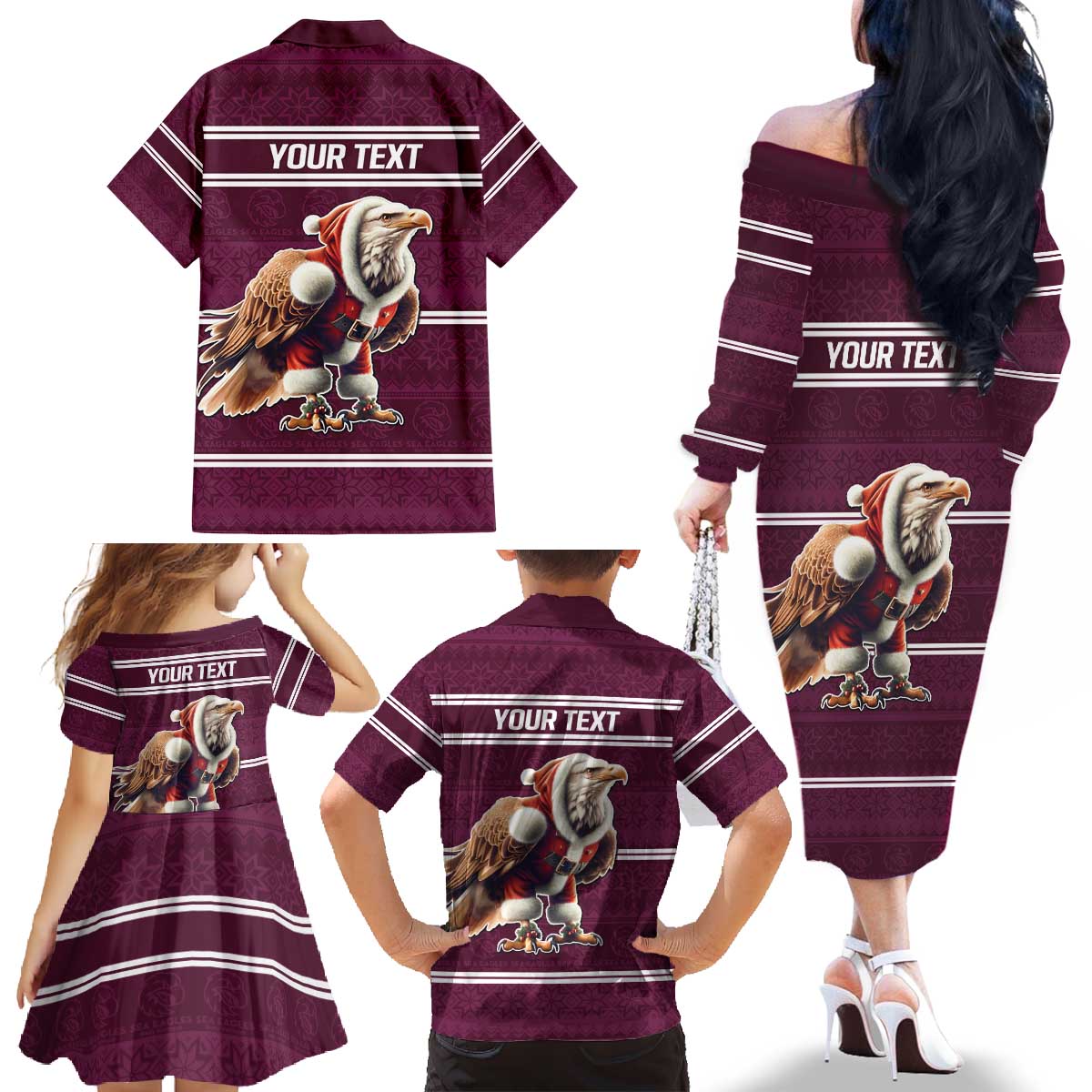 NRL Manly Warringah Christmas Personalised Family Matching Off The Shoulder Long Sleeve Dress and Hawaiian Shirt with Sea Eagles Mascot