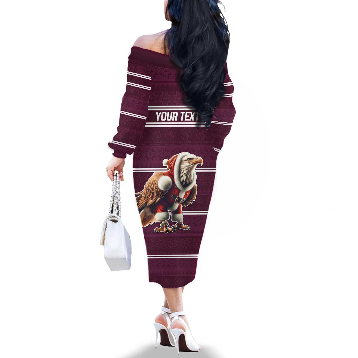 NRL Manly Warringah Christmas Personalised Family Matching Off The Shoulder Long Sleeve Dress and Hawaiian Shirt with Sea Eagles Mascot