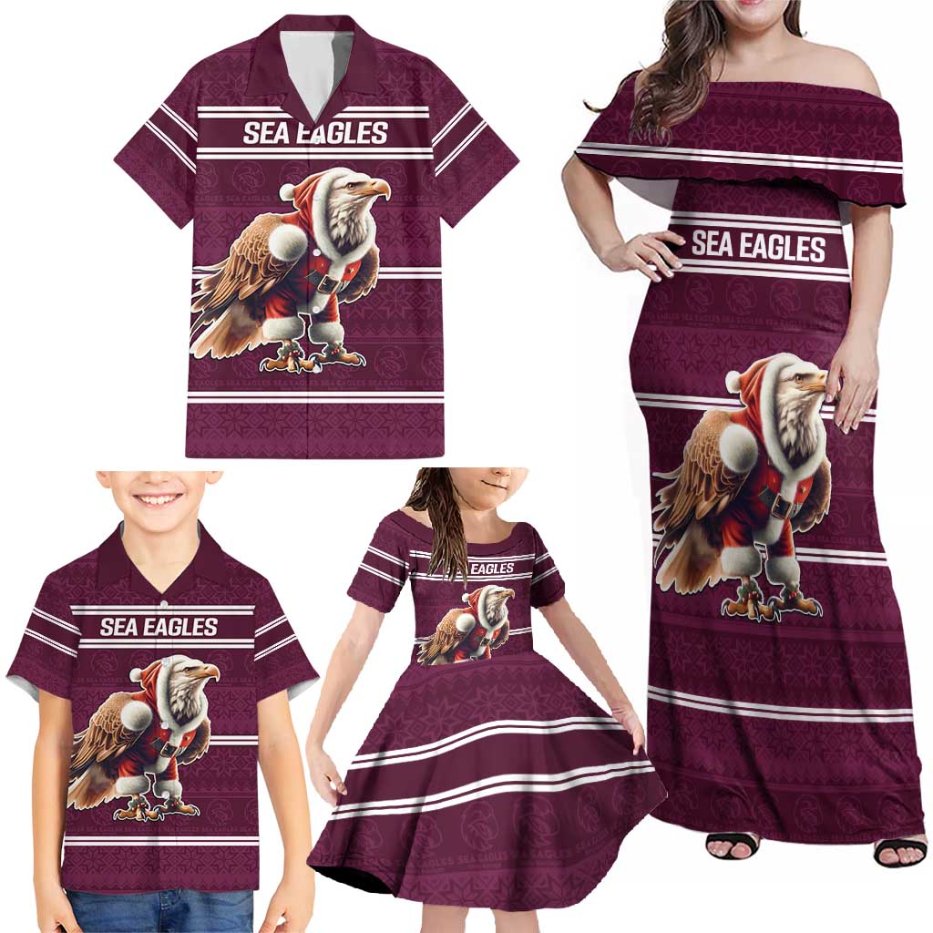 NRL Manly Warringah Christmas Personalised Family Matching Off Shoulder Maxi Dress and Hawaiian Shirt with Sea Eagles Mascot