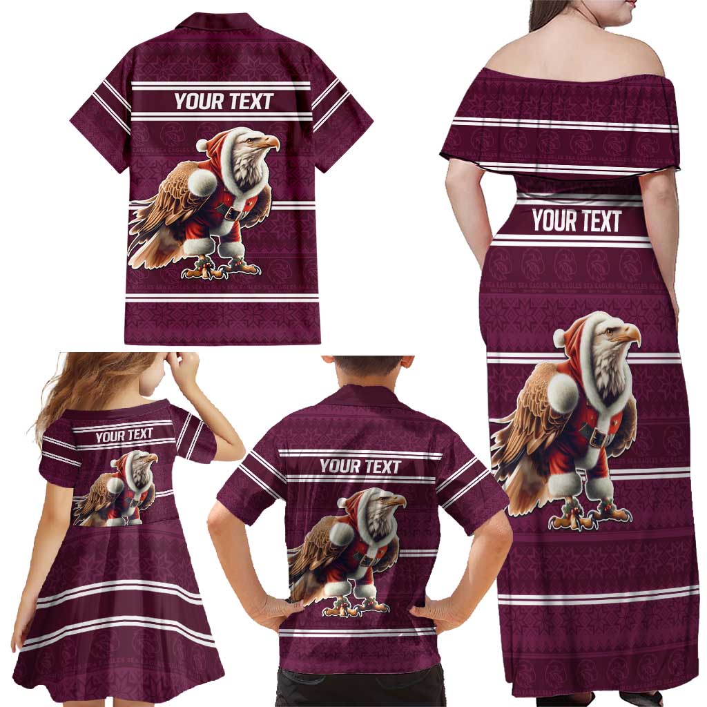 NRL Manly Warringah Christmas Personalised Family Matching Off Shoulder Maxi Dress and Hawaiian Shirt with Sea Eagles Mascot