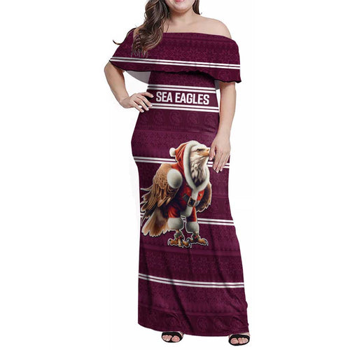 NRL Manly Warringah Christmas Personalised Family Matching Off Shoulder Maxi Dress and Hawaiian Shirt with Sea Eagles Mascot