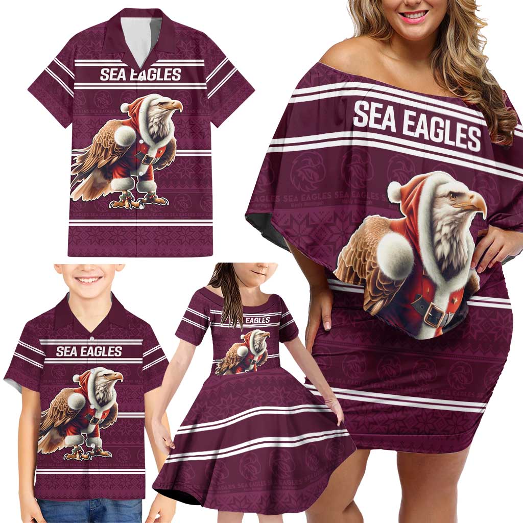 NRL Manly Warringah Christmas Personalised Family Matching Off Shoulder Short Dress and Hawaiian Shirt with Sea Eagles Mascot