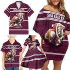 NRL Manly Warringah Christmas Personalised Family Matching Off Shoulder Short Dress and Hawaiian Shirt with Sea Eagles Mascot