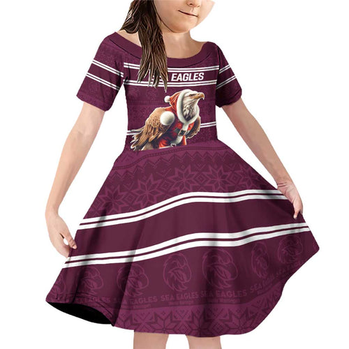 NRL Manly Warringah Christmas Personalised Family Matching Off Shoulder Short Dress and Hawaiian Shirt with Sea Eagles Mascot