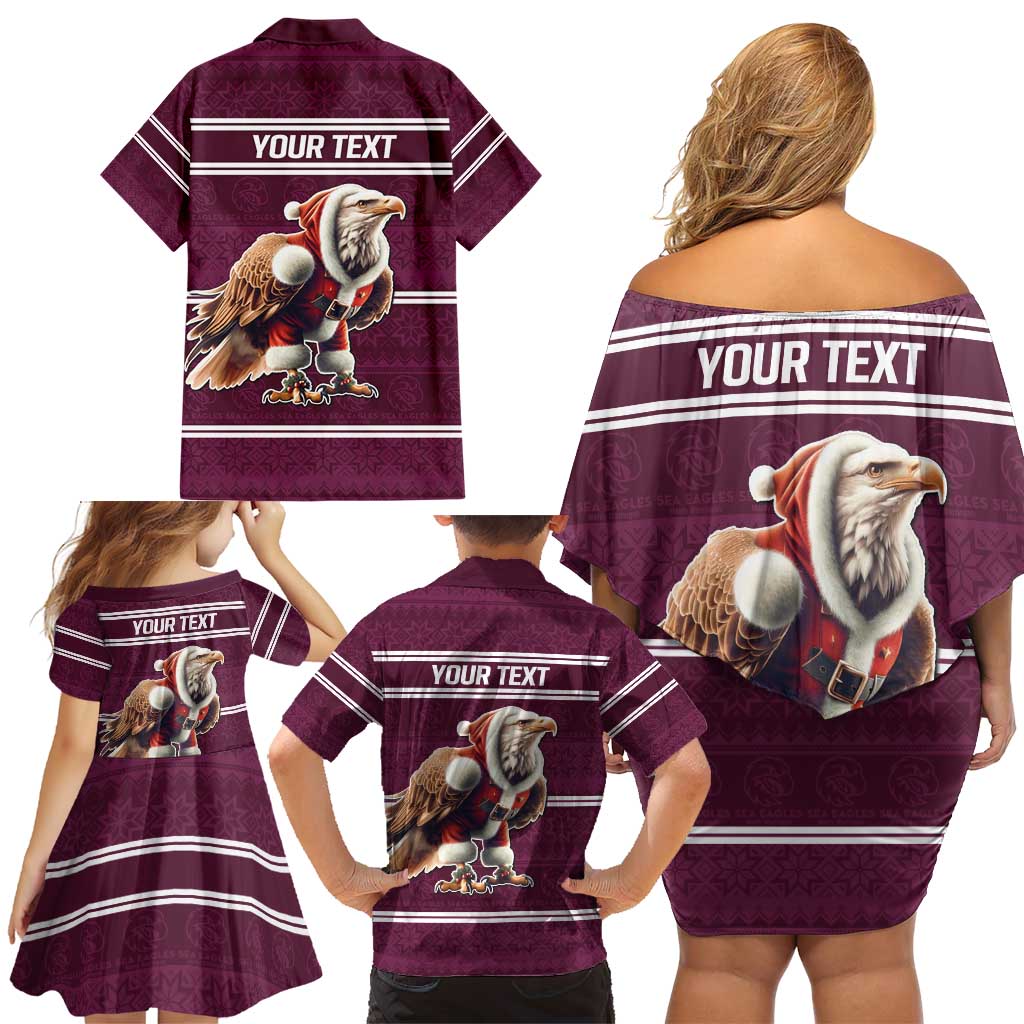 NRL Manly Warringah Christmas Personalised Family Matching Off Shoulder Short Dress and Hawaiian Shirt with Sea Eagles Mascot