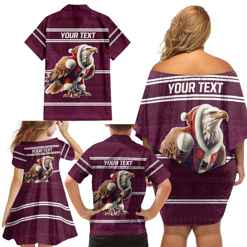 NRL Manly Warringah Christmas Personalised Family Matching Off Shoulder Short Dress and Hawaiian Shirt with Sea Eagles Mascot
