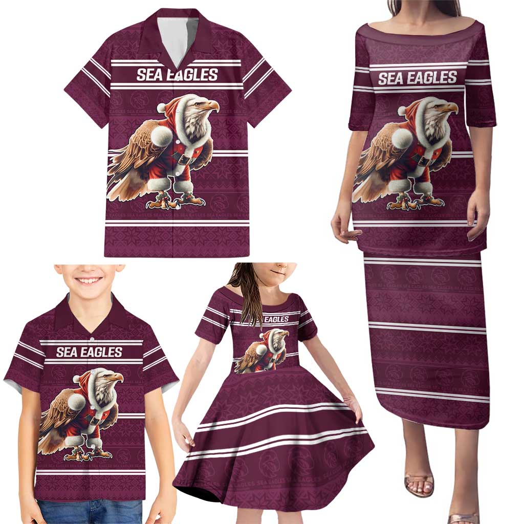 NRL Manly Warringah Christmas Personalised Family Matching Puletasi and Hawaiian Shirt with Sea Eagles Mascot