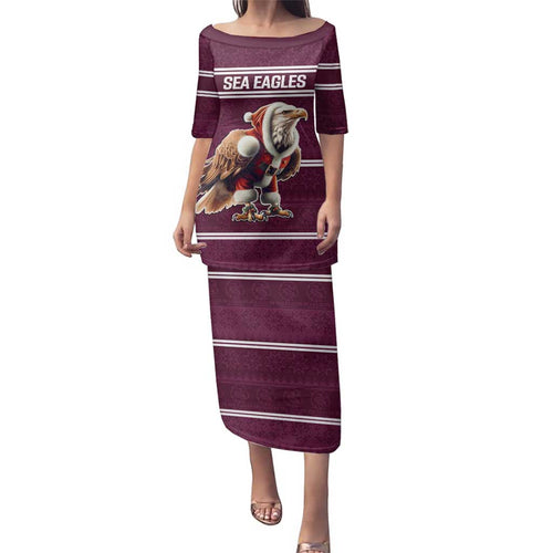 NRL Manly Warringah Christmas Personalised Family Matching Puletasi and Hawaiian Shirt with Sea Eagles Mascot