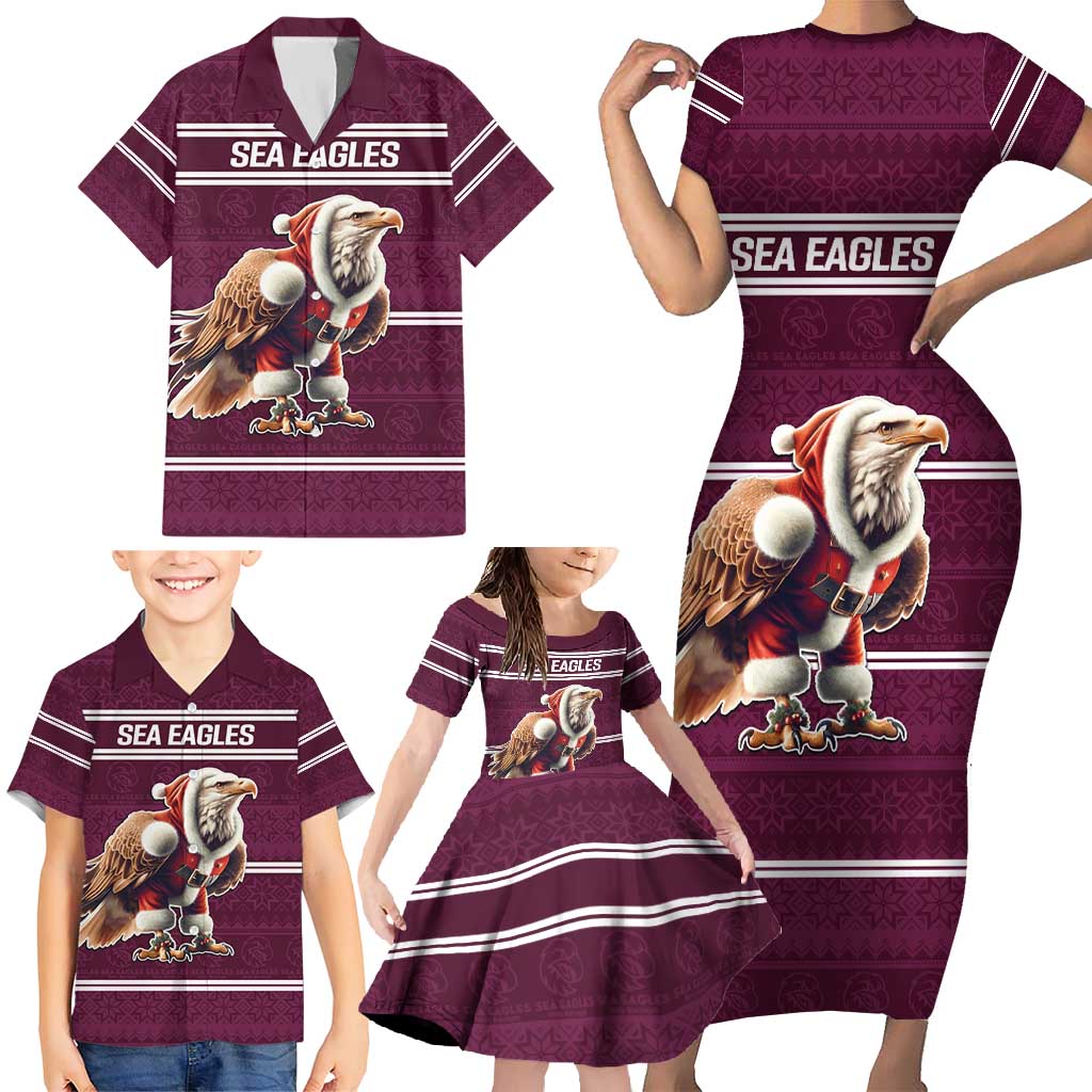 NRL Manly Warringah Christmas Personalised Family Matching Short Sleeve Bodycon Dress and Hawaiian Shirt with Sea Eagles Mascot