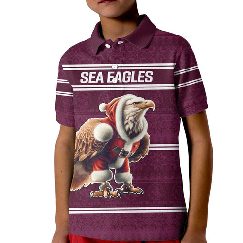 NRL Manly Warringah Christmas Personalised Kid Polo Shirt with Sea Eagles Mascot
