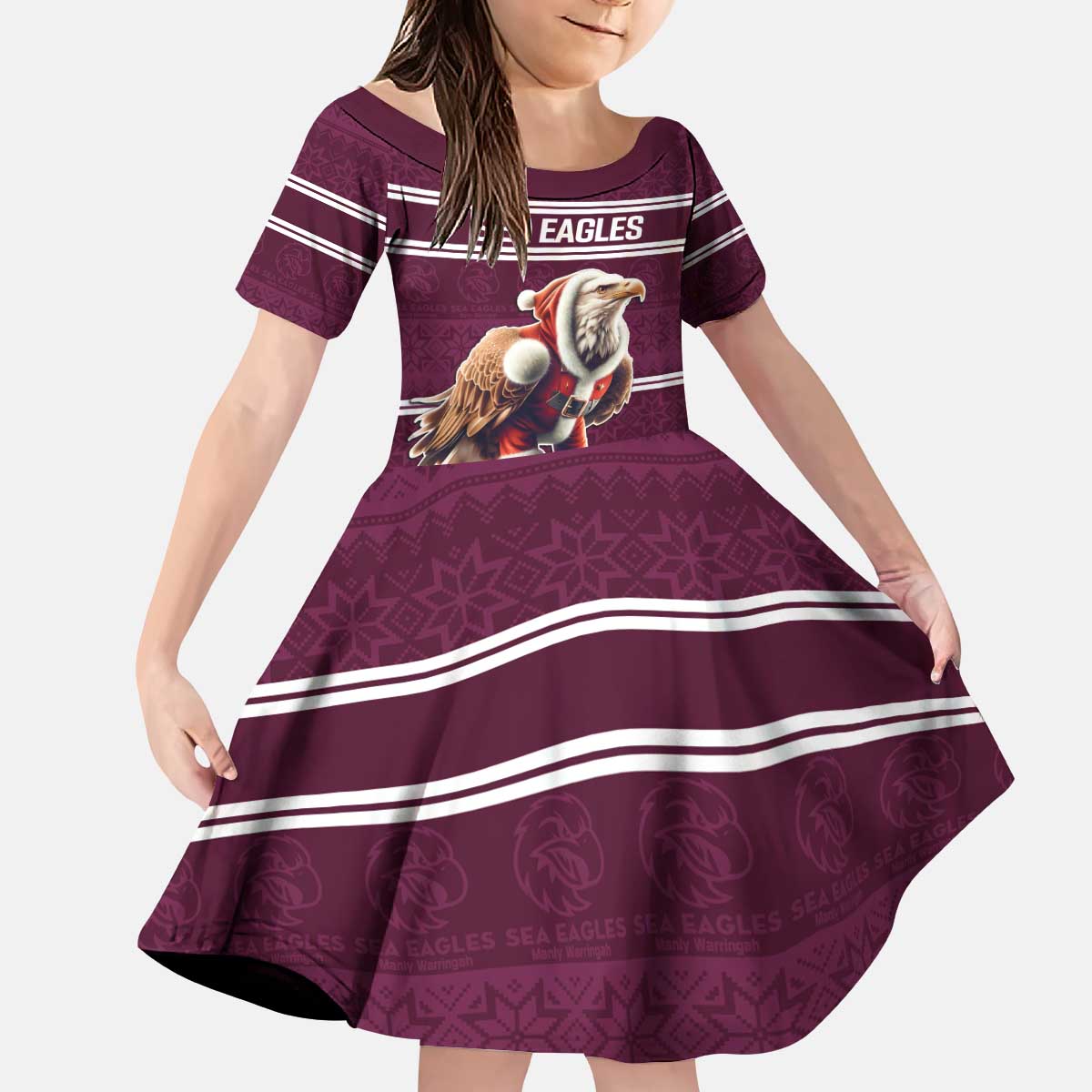 NRL Manly Warringah Christmas Personalised Kid Short Sleeve Dress with Sea Eagles Mascot