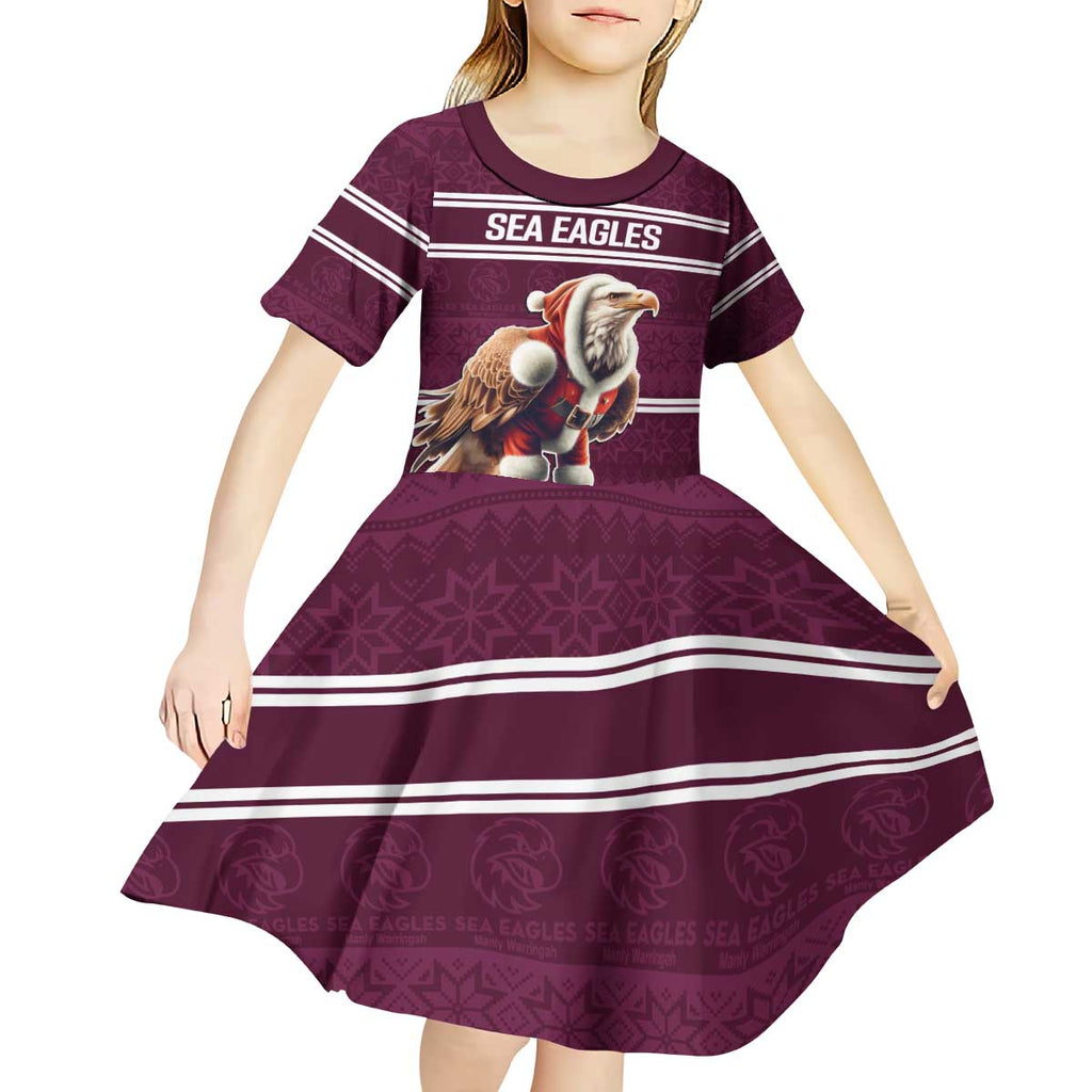 NRL Manly Warringah Christmas Personalised Kid Short Sleeve Dress with Sea Eagles Mascot