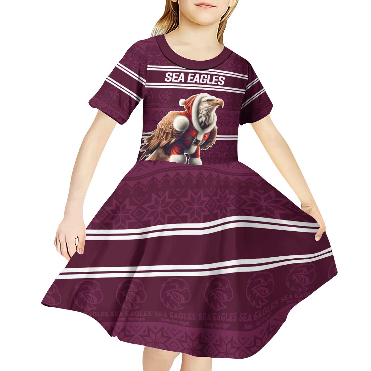 NRL Manly Warringah Christmas Personalised Kid Short Sleeve Dress with Sea Eagles Mascot