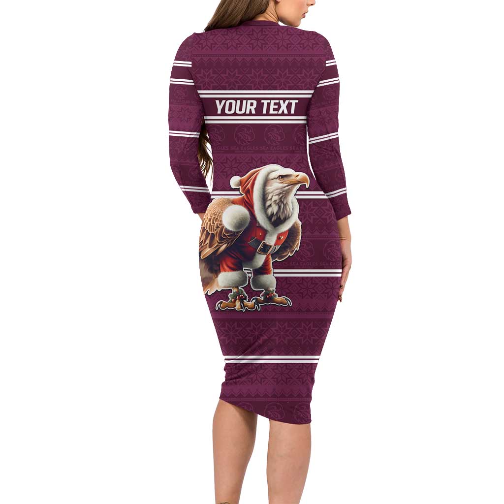 NRL Manly Warringah Christmas Personalised Long Sleeve Bodycon Dress with Sea Eagles Mascot