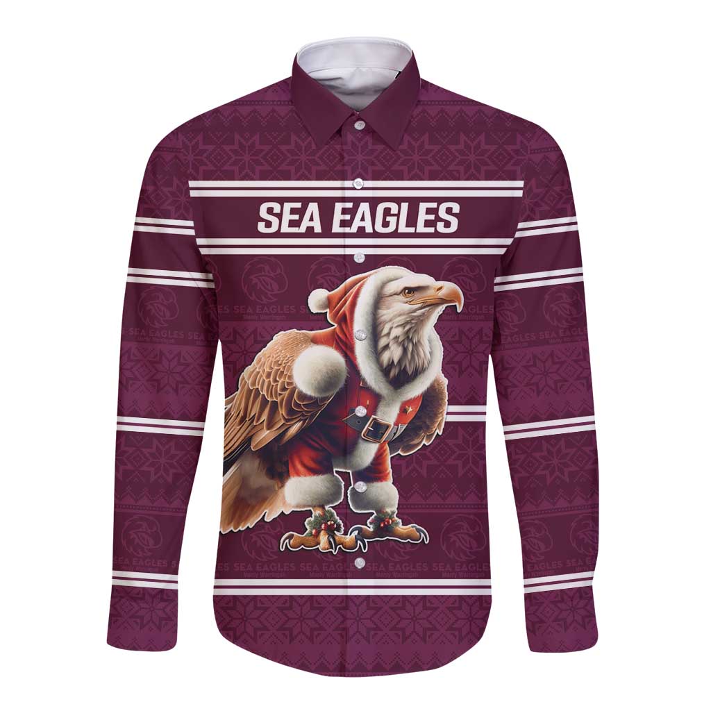 NRL Manly Warringah Christmas Personalised Long Sleeve Button Shirt with Sea Eagles Mascot