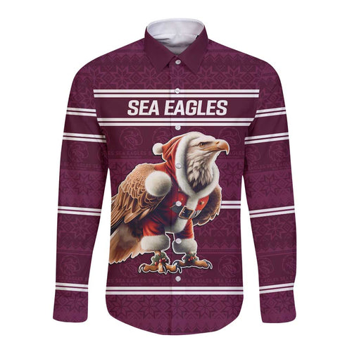 NRL Manly Warringah Christmas Personalised Long Sleeve Button Shirt with Sea Eagles Mascot