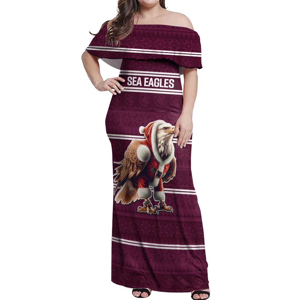 NRL Manly Warringah Christmas Personalised Off Shoulder Maxi Dress with Sea Eagles Mascot