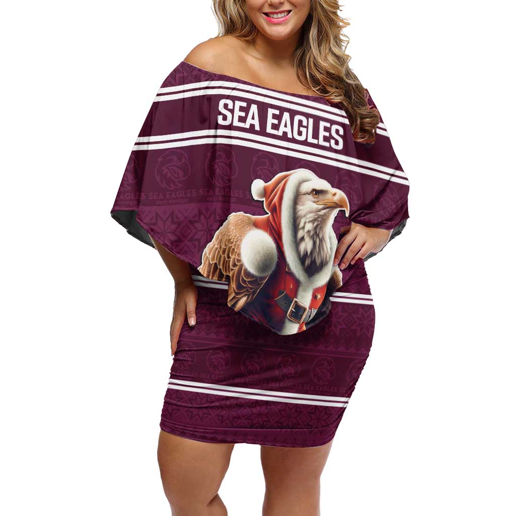 NRL Manly Warringah Christmas Personalised Off Shoulder Short Dress with Sea Eagles Mascot