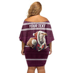 NRL Manly Warringah Christmas Personalised Off Shoulder Short Dress with Sea Eagles Mascot