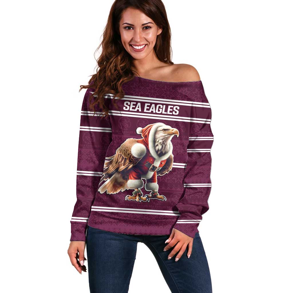 NRL Manly Warringah Christmas Personalised Off Shoulder Sweater with Sea Eagles Mascot