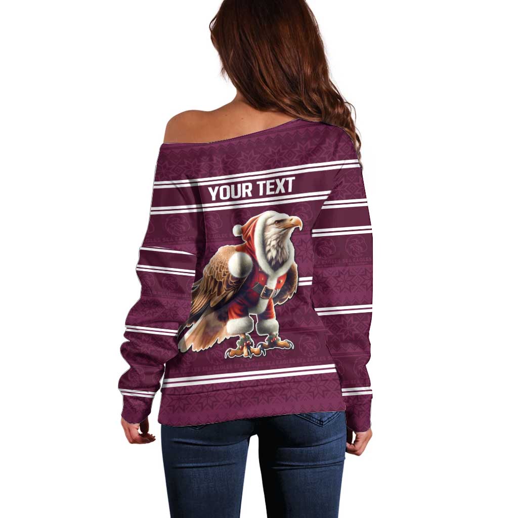 NRL Manly Warringah Christmas Personalised Off Shoulder Sweater with Sea Eagles Mascot