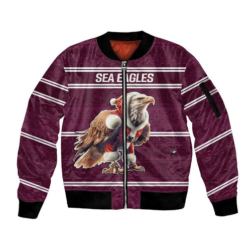 NRL Manly Warringah Christmas Personalised Sleeve Zip Bomber Jacket with Sea Eagles Mascot