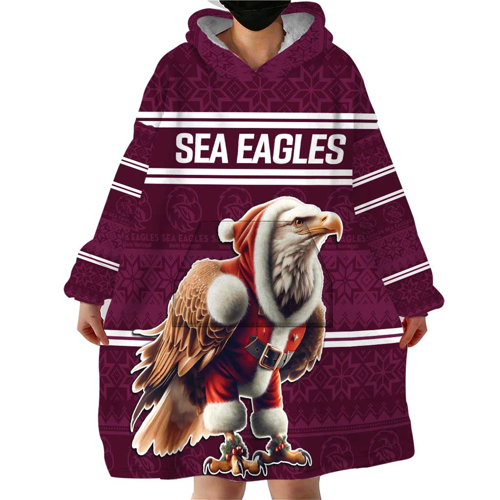 NRL Manly Warringah Christmas Personalised Wearable Blanket Hoodie with Sea Eagles Mascot