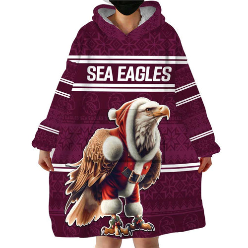 NRL Manly Warringah Christmas Personalised Wearable Blanket Hoodie with Sea Eagles Mascot