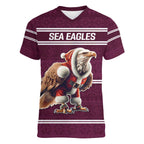 NRL Manly Warringah Christmas Personalised Women V-Neck T-Shirt with Sea Eagles Mascot