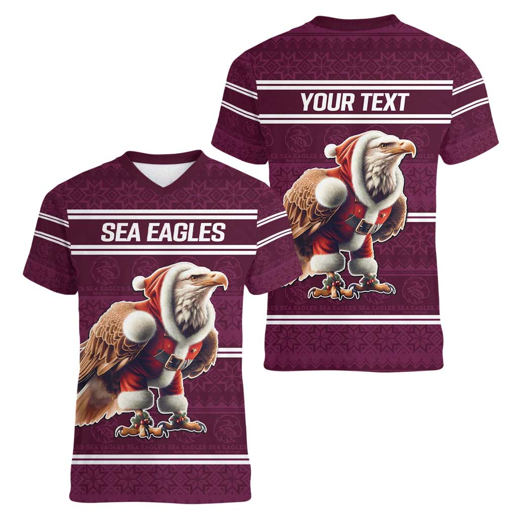 NRL Manly Warringah Christmas Personalised Women V-Neck T-Shirt with Sea Eagles Mascot