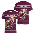NRL Manly Warringah Christmas Personalised Women V-Neck T-Shirt with Sea Eagles Mascot