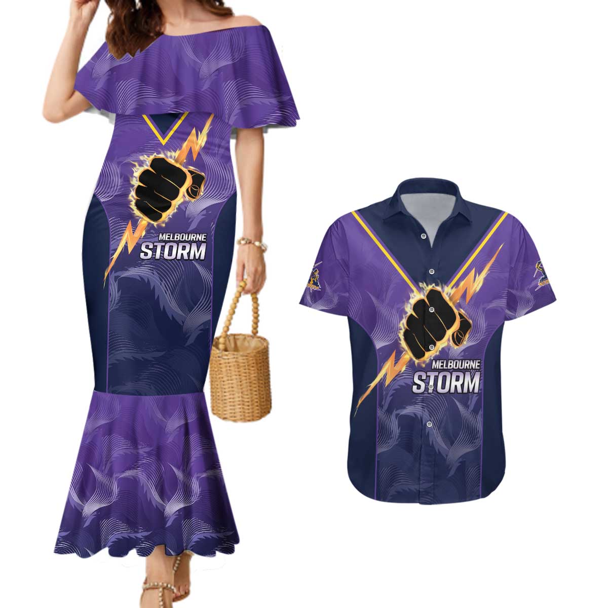 NRL Storm Custom Couples Matching Mermaid Dress and Hawaiian Shirt Minimalism Style