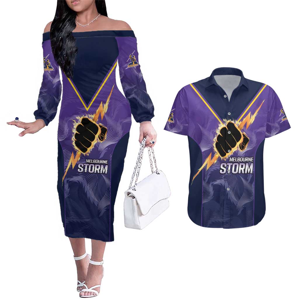 NRL Storm Custom Couples Matching Off The Shoulder Long Sleeve Dress and Hawaiian Shirt Minimalism Style