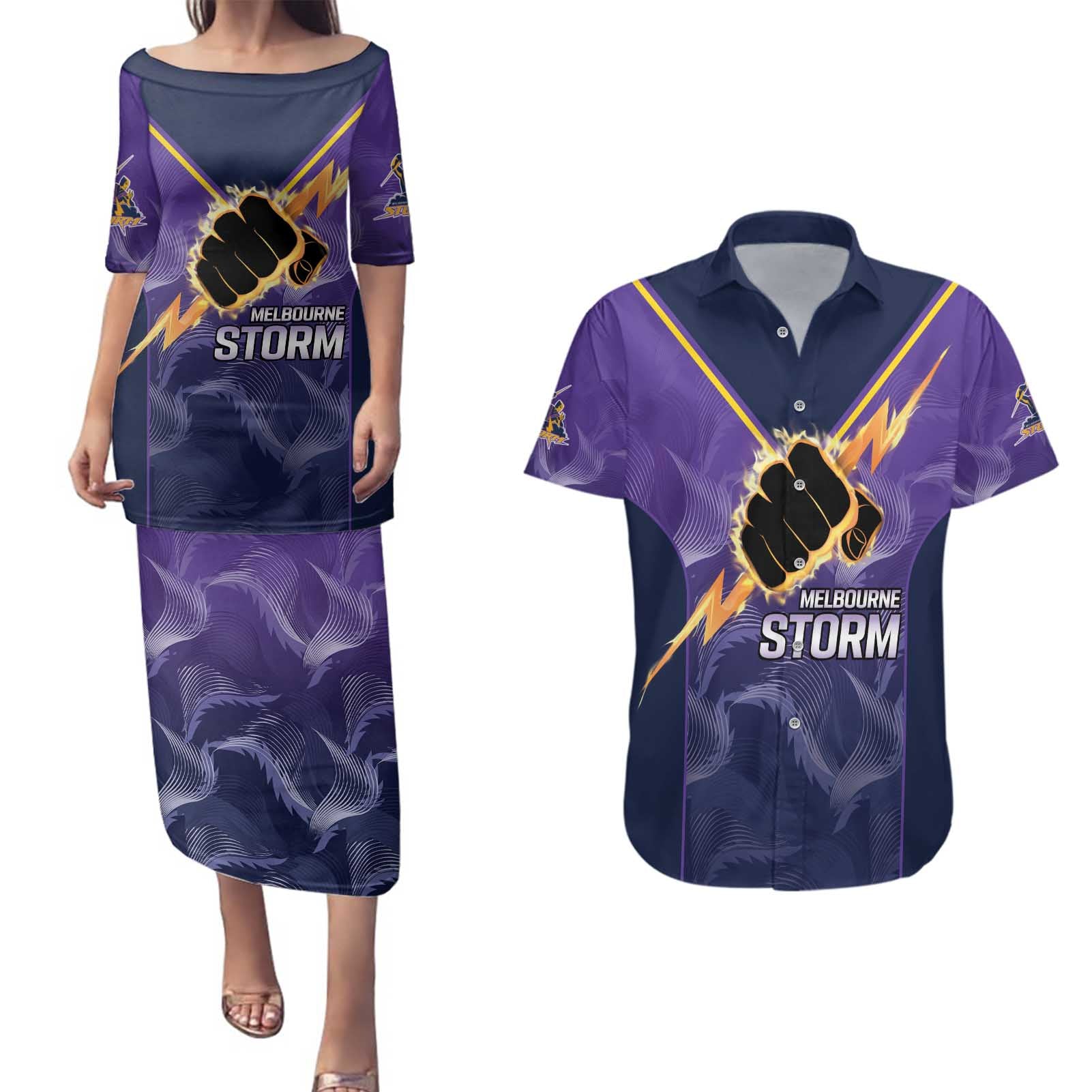 NRL Storm Custom Couples Matching Puletasi and Hawaiian Shirt Minimalism Style